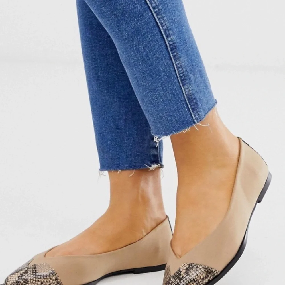 ASOS DESIGN Wide Fit Legend pointed toe cap ballet flats in beige snake